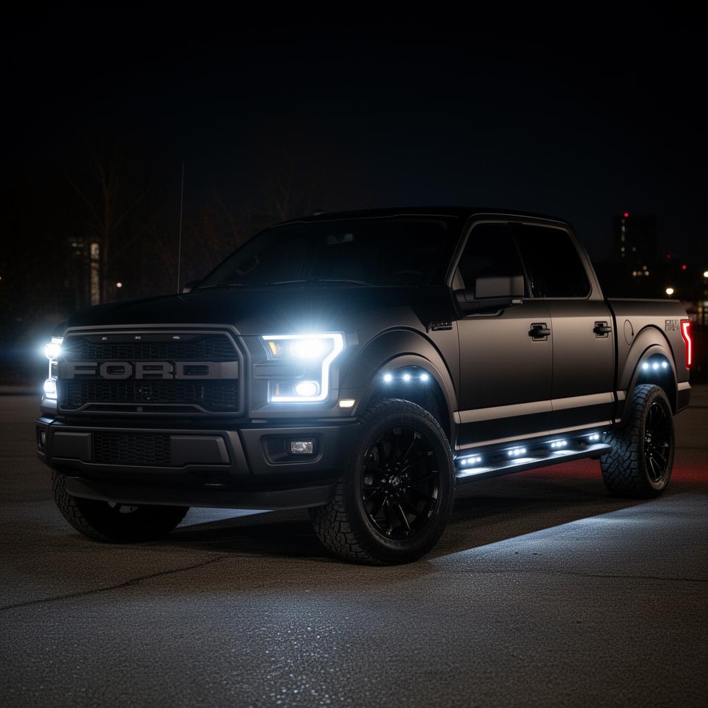 Matte black pickup truck at night with retrofitted bi-LED projector headlights and rock lights