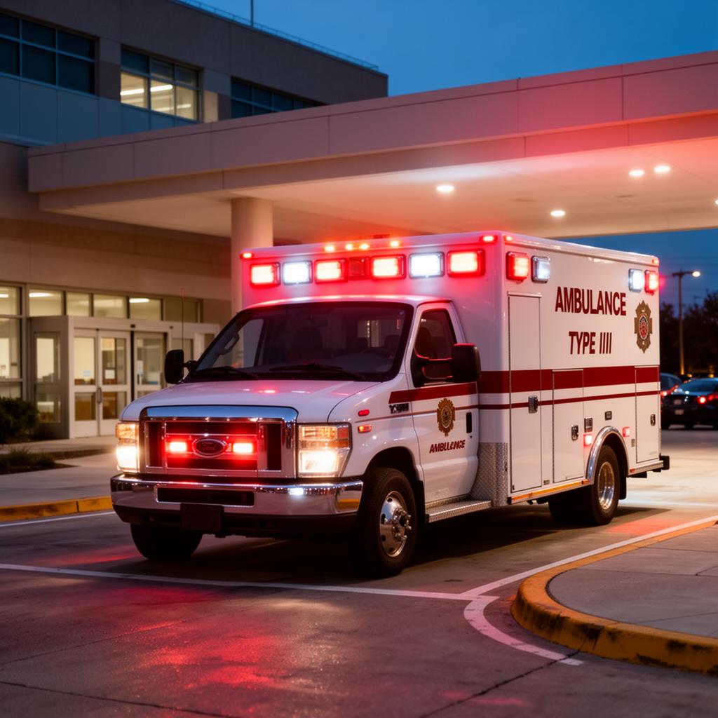 Type III ambulance with red and white LED warning at hospital ambulance bay