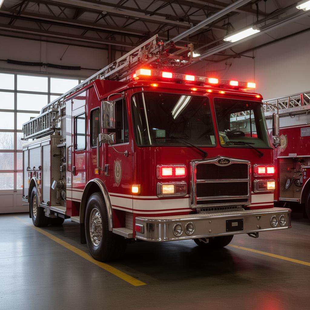 Red fire department pumper engine with active warning lighting in apparatus bay