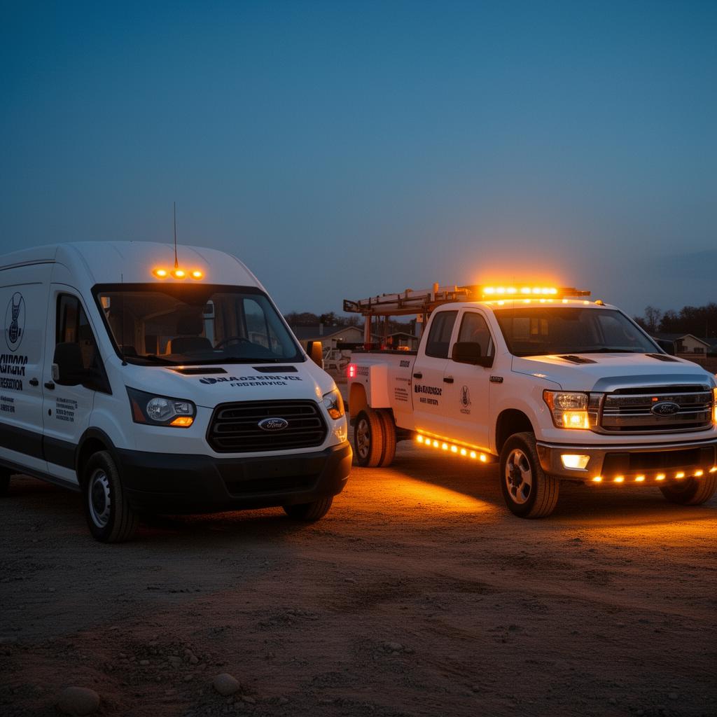 Commercial fleet service van and pickup truck with amber LED warning at a jobsite