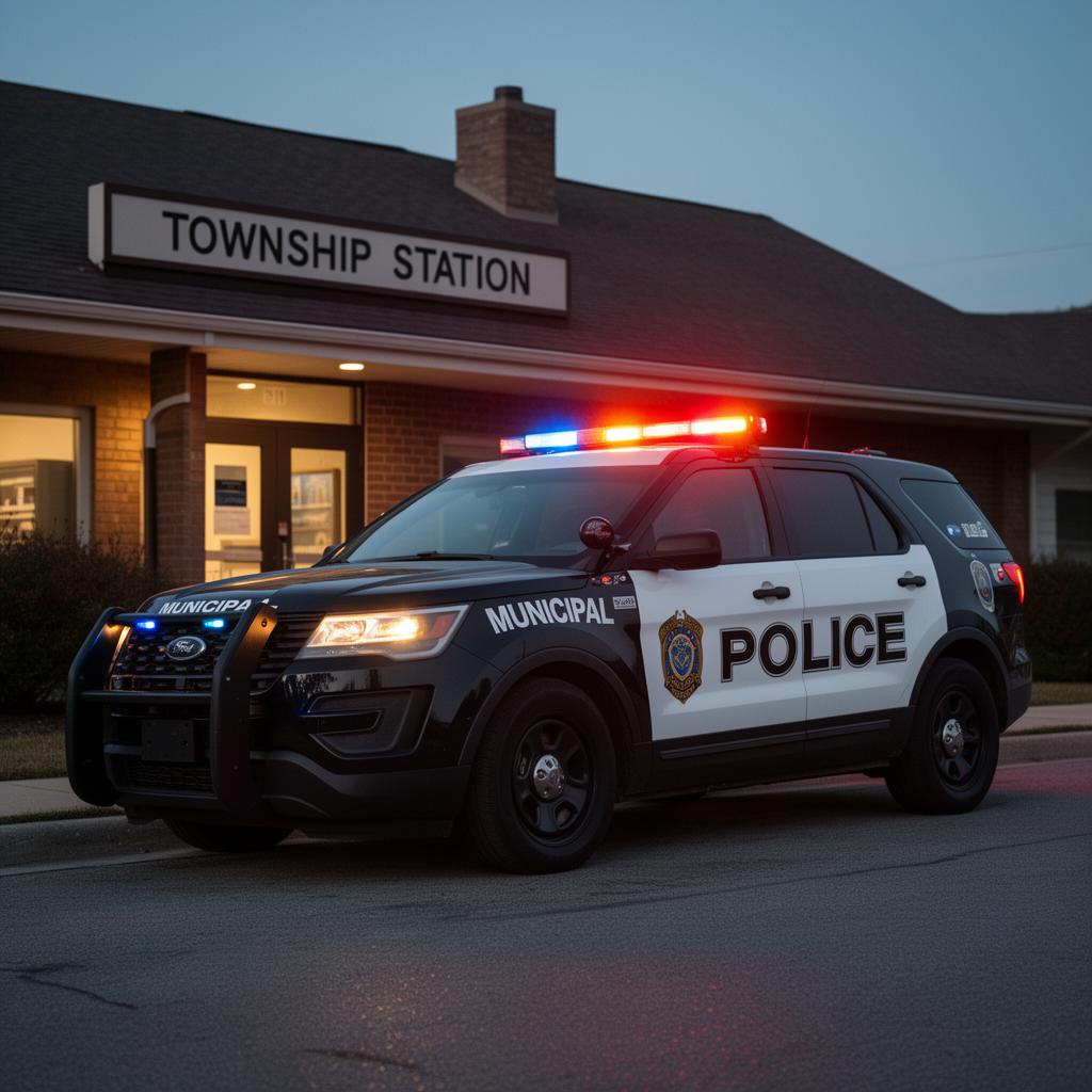 Municipal police interceptor SUV with full LED warning package at a township station