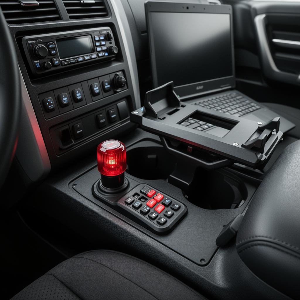 Police vehicle center console with siren controller, switch panel, and laptop mount