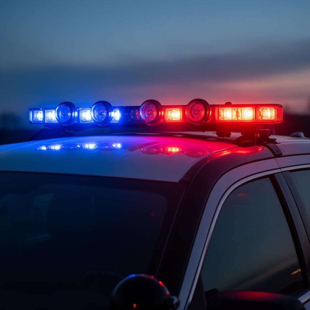 Close-up of LED lightbar with blue and red diodes active at twilight