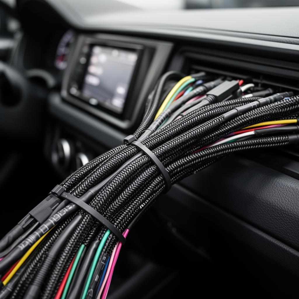 Professionally bundled automotive wiring harness behind a vehicle dashboard
