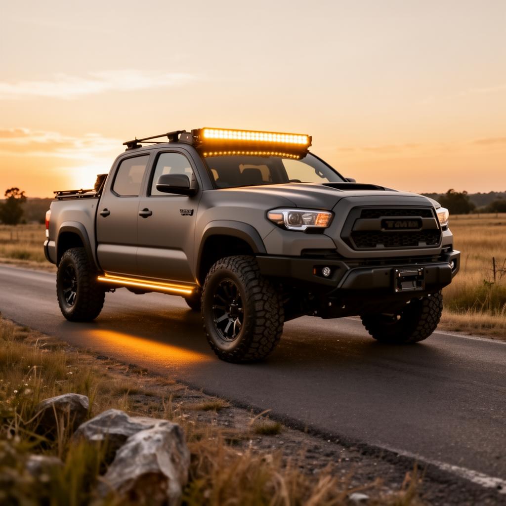 Lifted gray pickup with subtle amber rock lights at golden hour