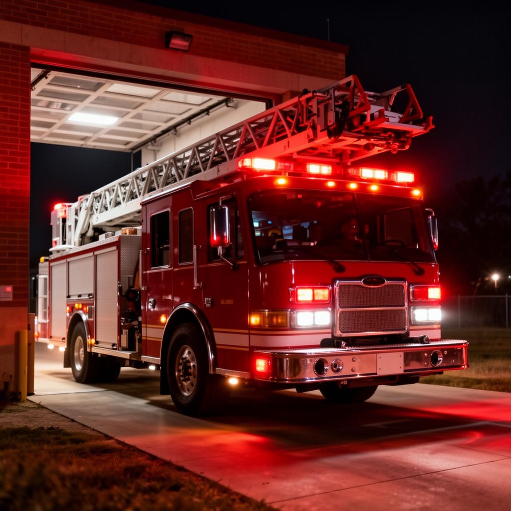 Fire ladder truck with full warning lights leaving station bay