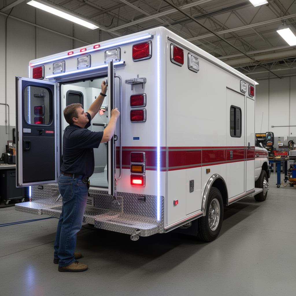 Technician installing perimeter LED lighting on the rear of an ambulance