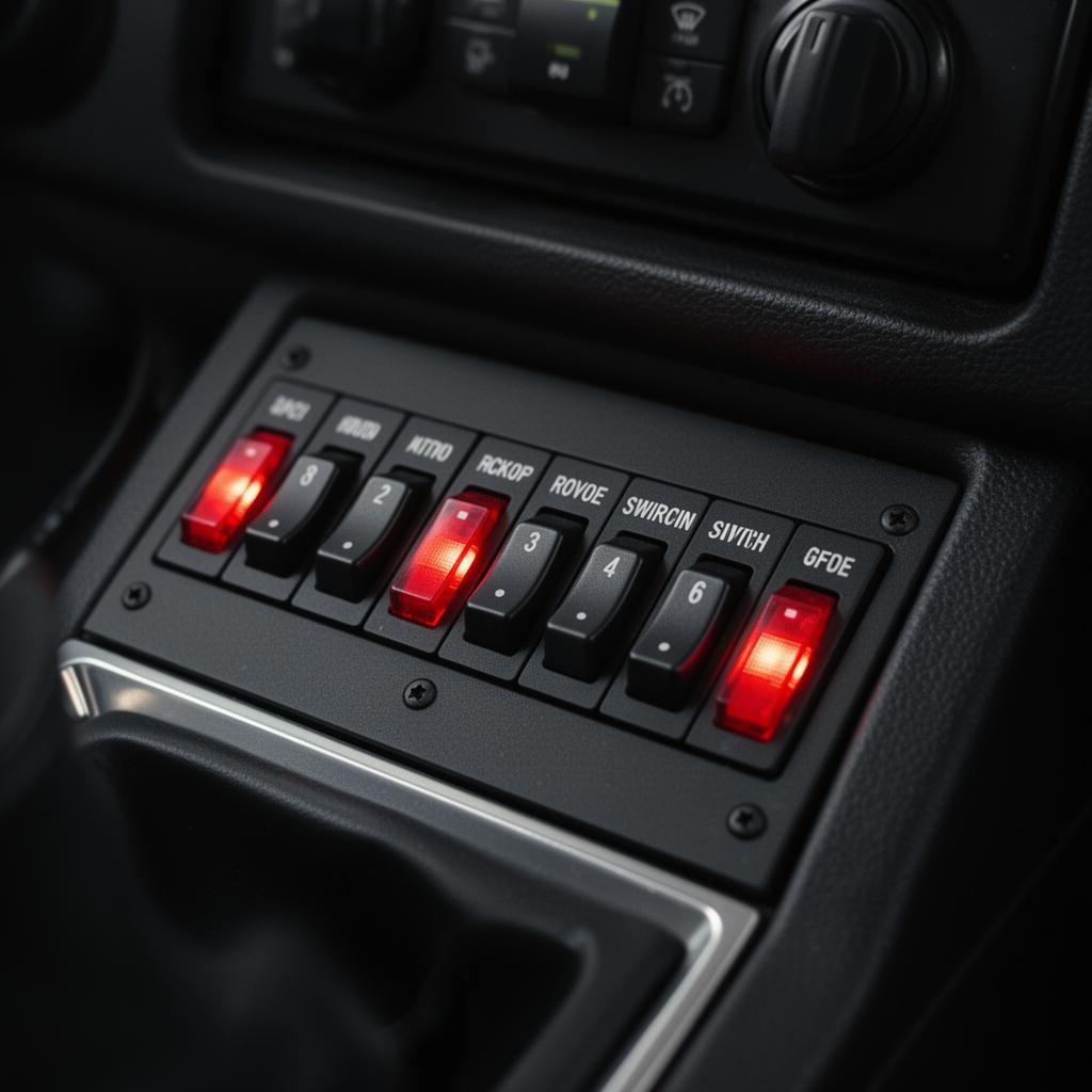 Close-up of labeled rocker switch panel in police vehicle console