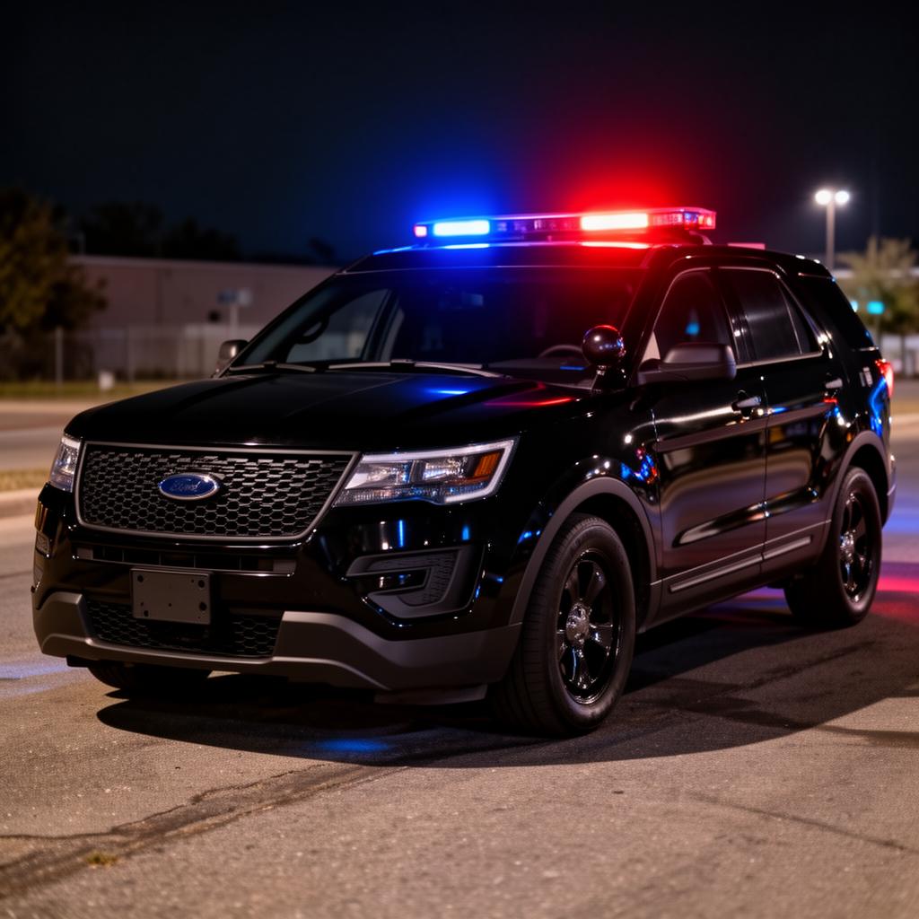Unmarked black police SUV with covert grille and rear LED warning at night