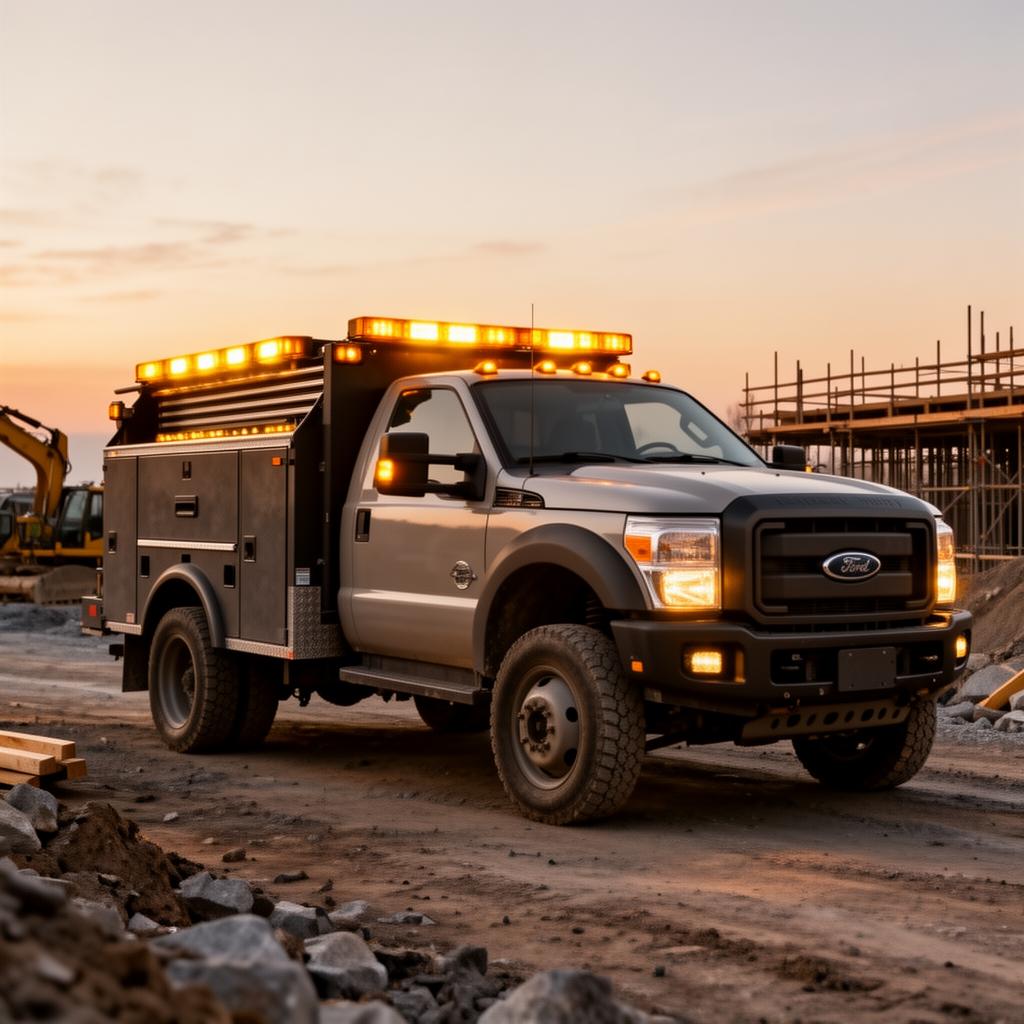 Heavy-duty work truck with amber cab lights on a construction site