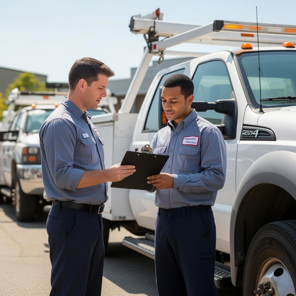 Technician and fleet manager reviewing a service truck with a clipboard