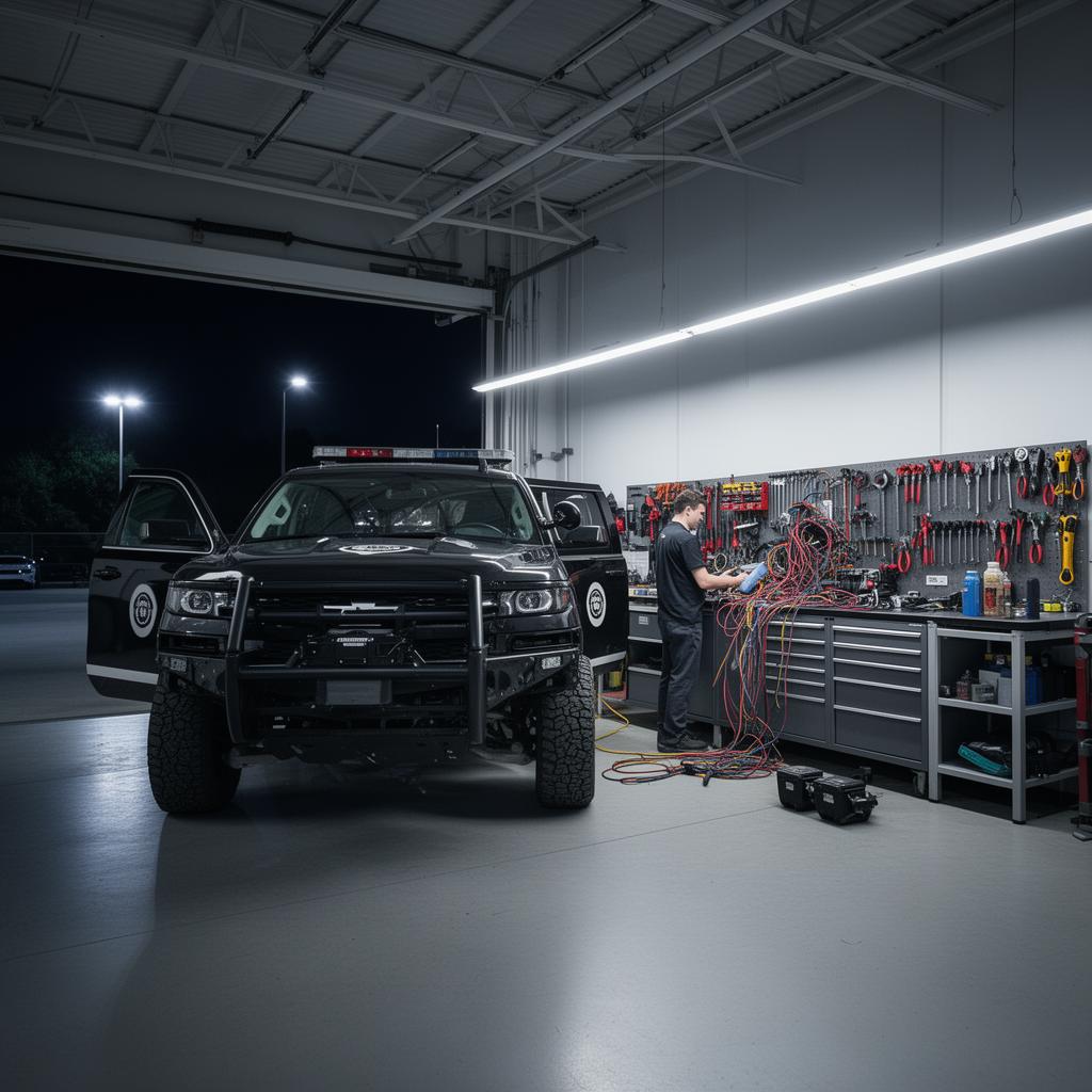 Technician working on a police vehicle in a clean professional installation bay