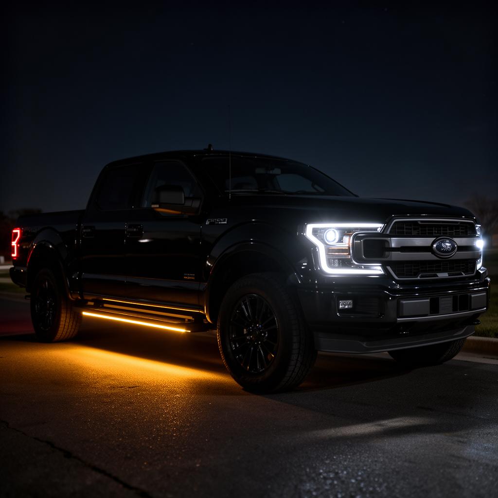 Modern pickup truck with professional projector headlight retrofit and subtle accent lighting