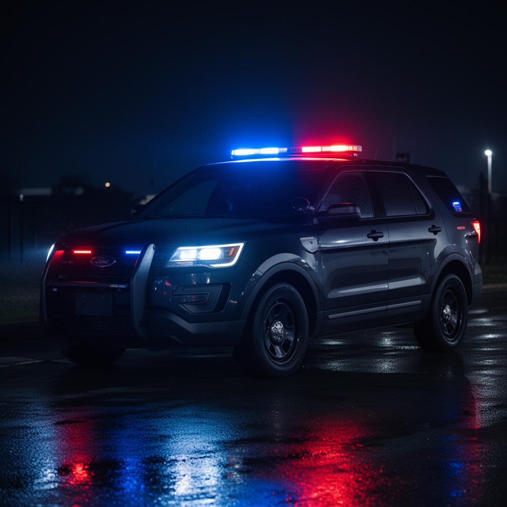 Modern police SUV with active LED warning lighting on wet pavement at night