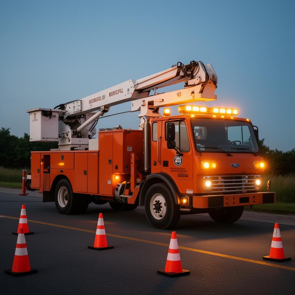 Orange municipal utility bucket truck working roadside with amber warning lighting