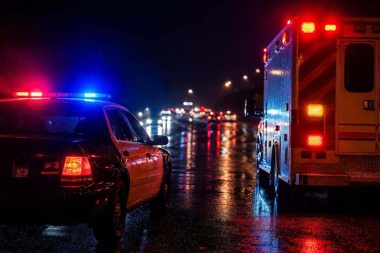 Police cruiser and ambulance with active emergency lighting on a wet nighttime roadway